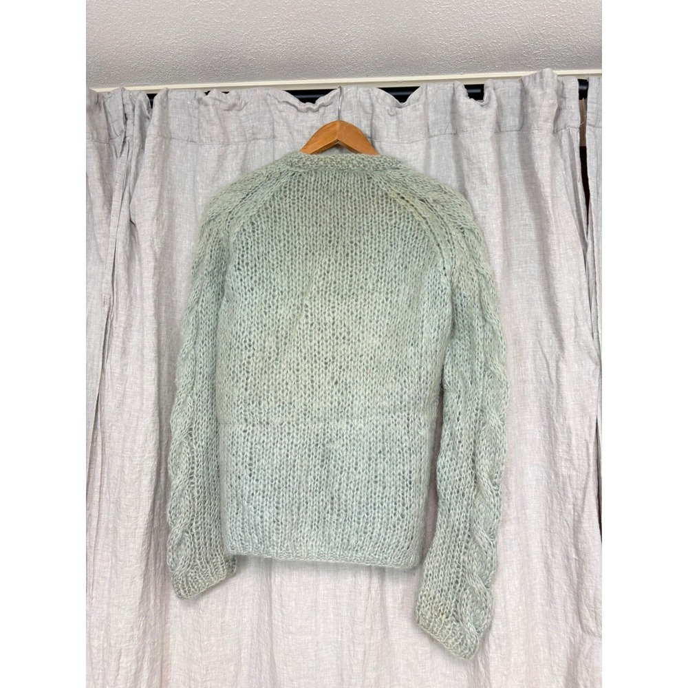 Pamella Hand Knit Mohair Blend Cable Knit V-Neck Sweater Sage Green Womens - Picture 7 of 12